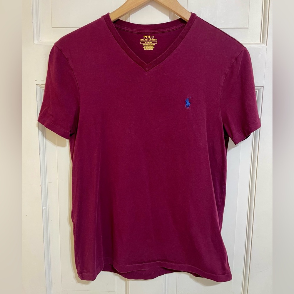 Polo Ralph Lauren‎ T-Shirt Mens Small Burgundy Custom Slim Fit V-Neck